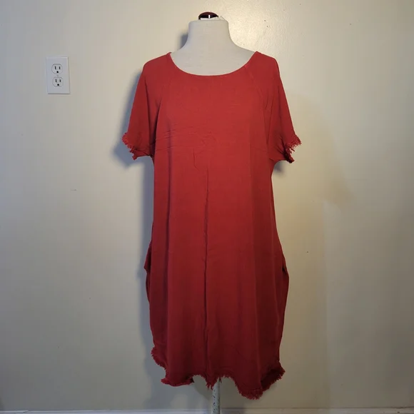 Vasna (Women's L) Red High-Low Frayed Hem Cotton Linen Blend Casual Dress - Picture 2 of 8